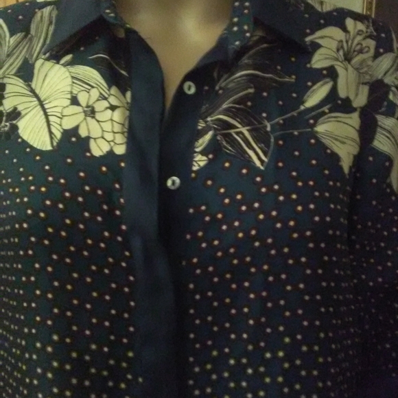 BNWOT BUTTON DOWN BLOUSE BY ZARA BASICS SZ.S FLORAL BLUE/BLACK CREAM SUPER SOFT - Picture 5 of 5